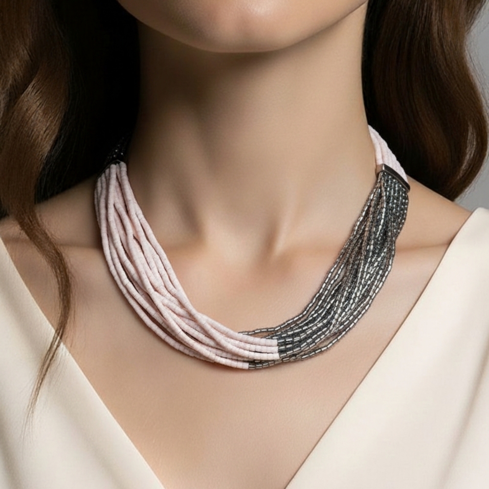Chic Multi-Strand Pink and Silver Necklace